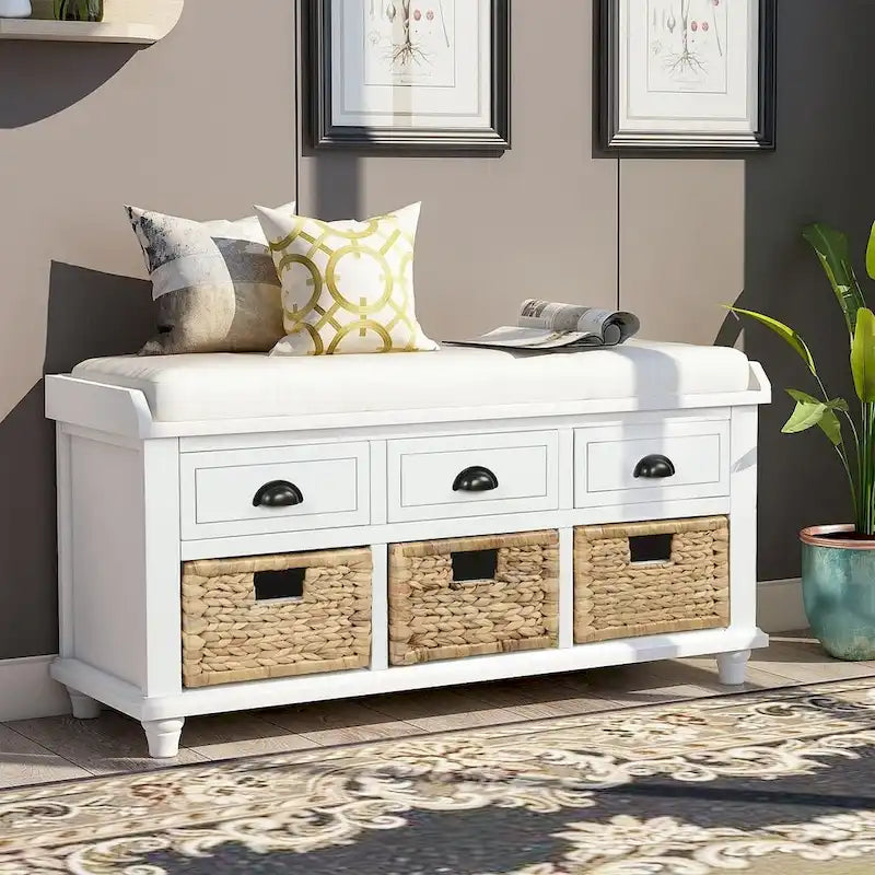 Banc de rangement capitonné polyvalent de 106,9 cm pour entrée, avec 3 tiroirs et 3 paniers en rotin