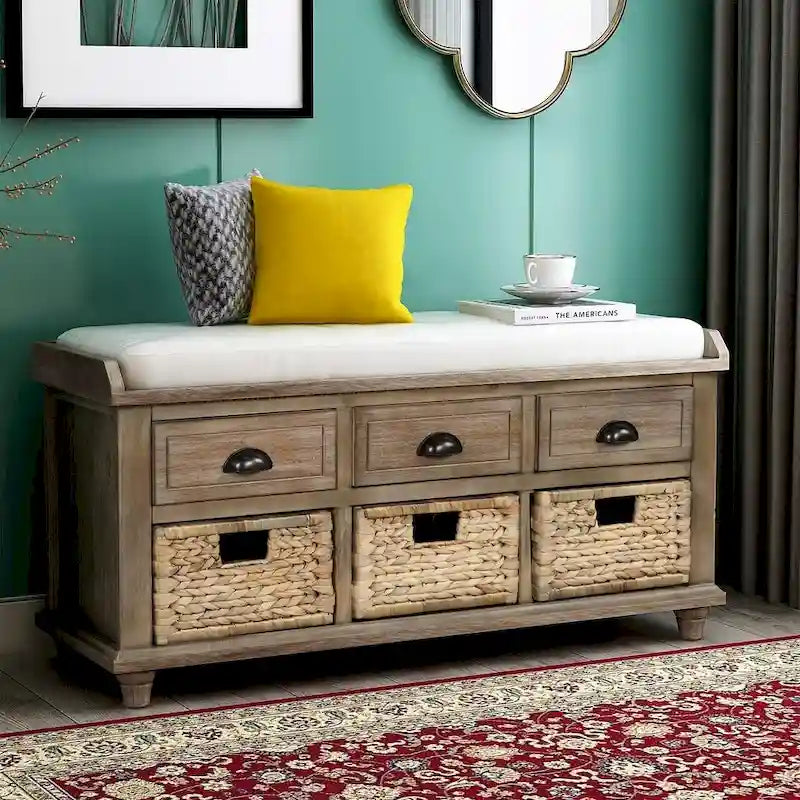 Banc de rangement capitonné polyvalent de 106,9 cm pour entrée, avec 3 tiroirs et 3 paniers en rotin