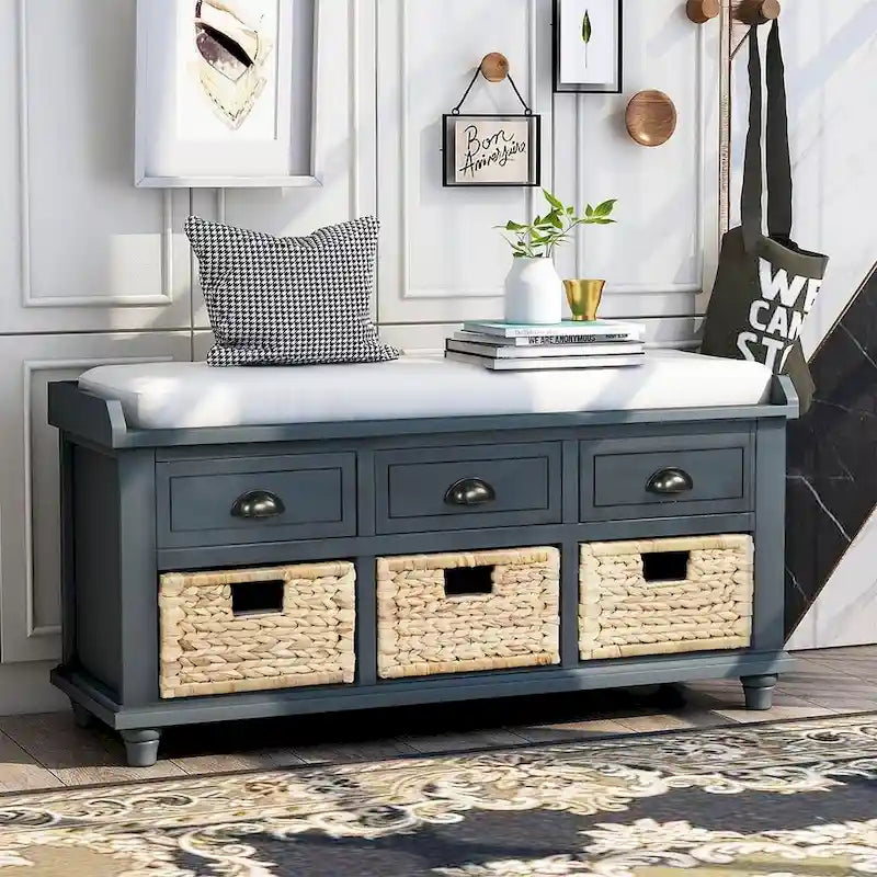 Banc de rangement capitonné polyvalent de 106,9 cm pour entrée, avec 3 tiroirs et 3 paniers en rotin