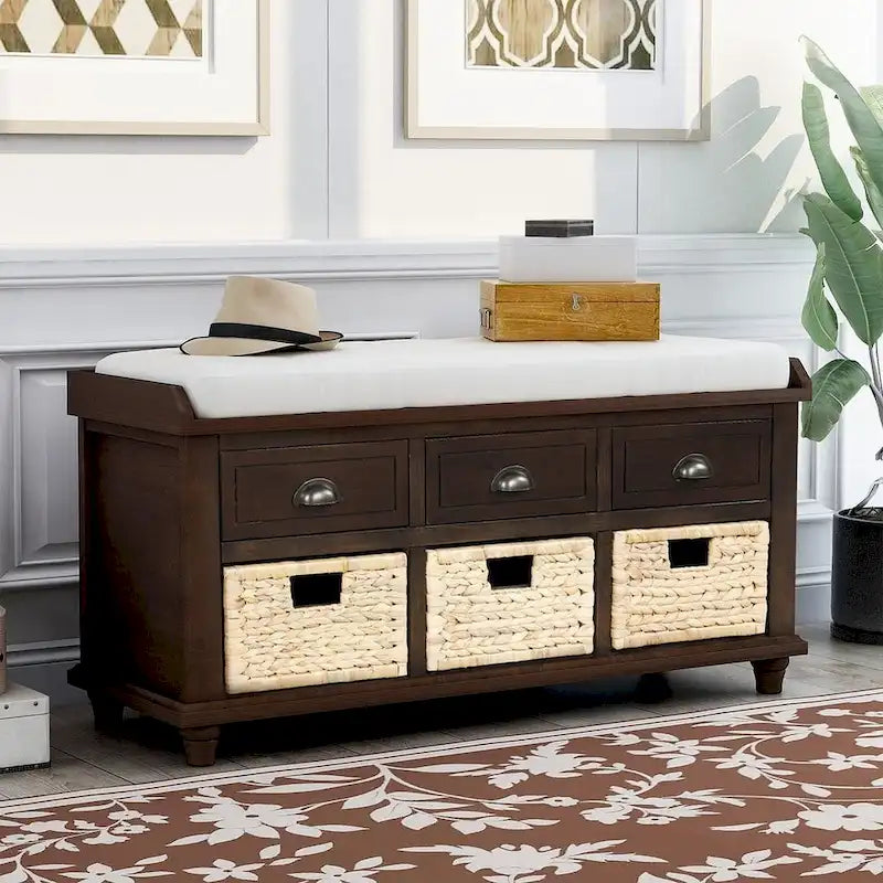 Banc de rangement capitonné polyvalent de 106,9 cm pour entrée, avec 3 tiroirs et 3 paniers en rotin