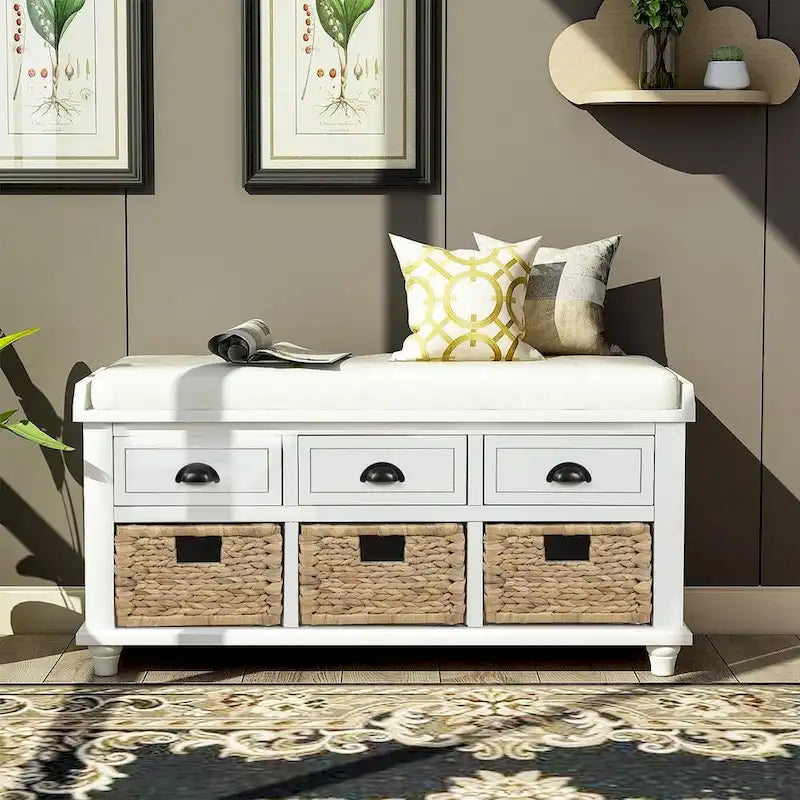 Banc de rangement capitonné polyvalent de 106,9 cm pour entrée, avec 3 tiroirs et 3 paniers en rotin