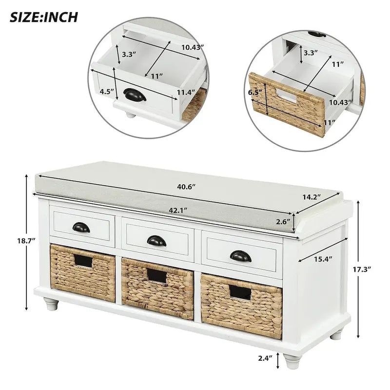 Banc de rangement capitonné polyvalent de 106,9 cm pour entrée, avec 3 tiroirs et 3 paniers en rotin