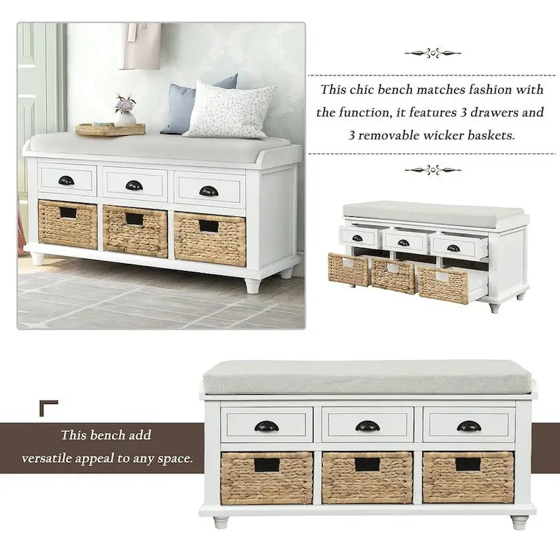 Banc de rangement capitonné polyvalent de 106,9 cm pour entrée, avec 3 tiroirs et 3 paniers en rotin