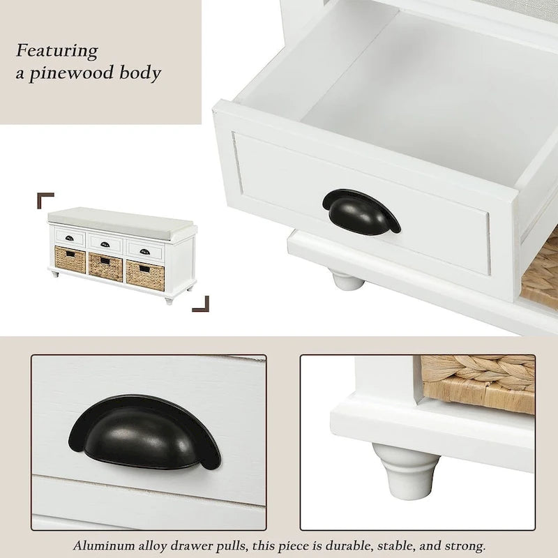 Banc de rangement capitonné polyvalent de 106,9 cm pour entrée, avec 3 tiroirs et 3 paniers en rotin