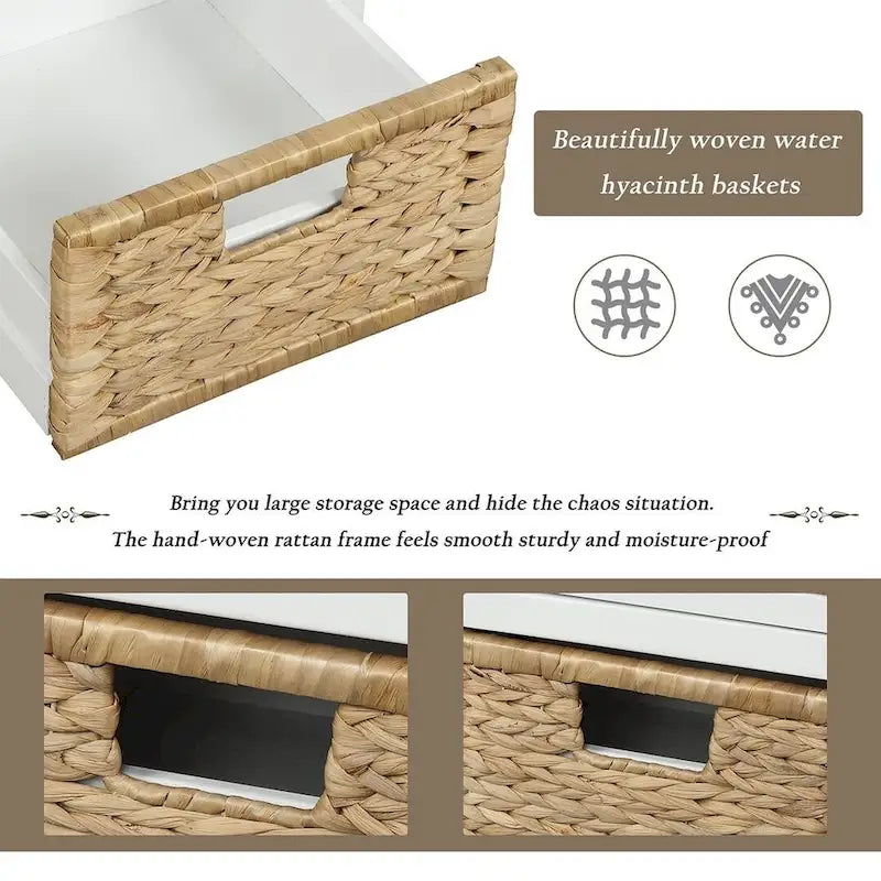 Banc de rangement capitonné polyvalent de 106,9 cm pour entrée, avec 3 tiroirs et 3 paniers en rotin