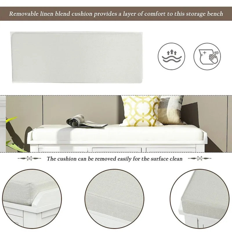 Banc de rangement capitonné polyvalent de 106,9 cm pour entrée, avec 3 tiroirs et 3 paniers en rotin