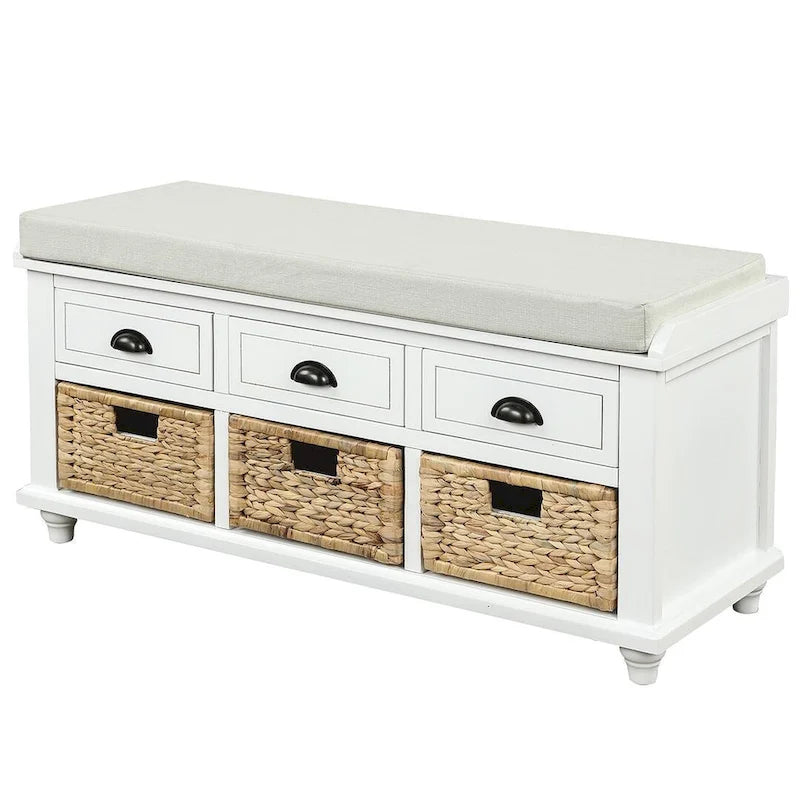Banc de rangement capitonné polyvalent de 106,9 cm pour entrée, avec 3 tiroirs et 3 paniers en rotin