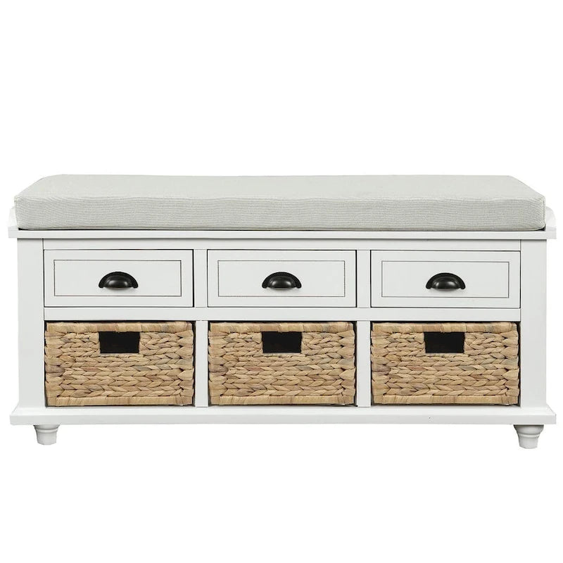 Banc de rangement capitonné polyvalent de 106,9 cm pour entrée, avec 3 tiroirs et 3 paniers en rotin