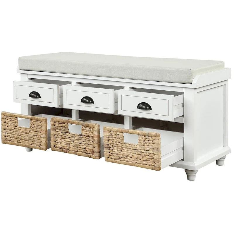 Banc de rangement capitonné polyvalent de 106,9 cm pour entrée, avec 3 tiroirs et 3 paniers en rotin