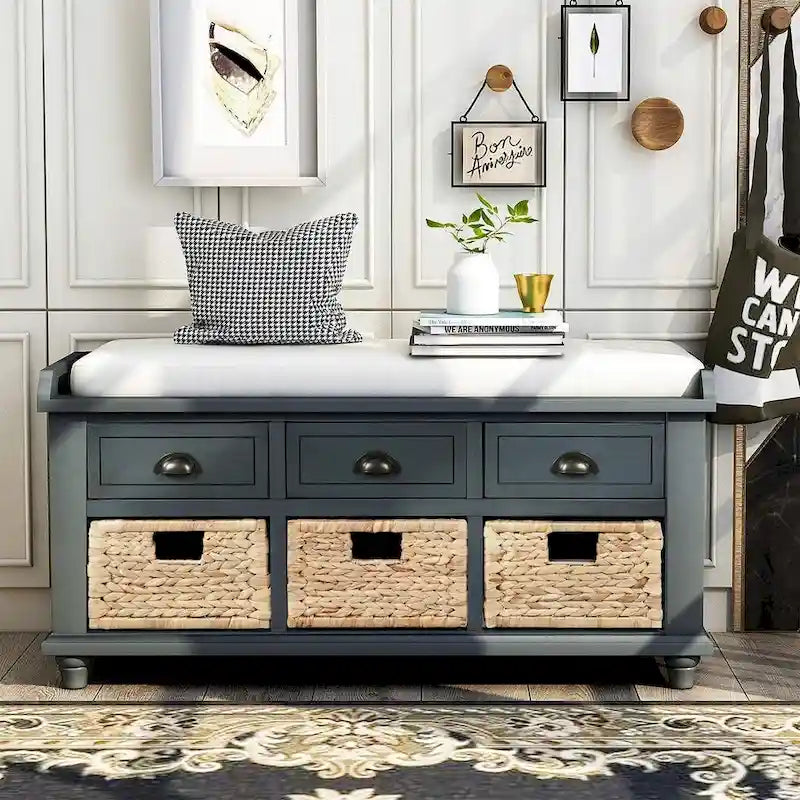 Banc de rangement capitonné polyvalent de 106,9 cm pour entrée, avec 3 tiroirs et 3 paniers en rotin