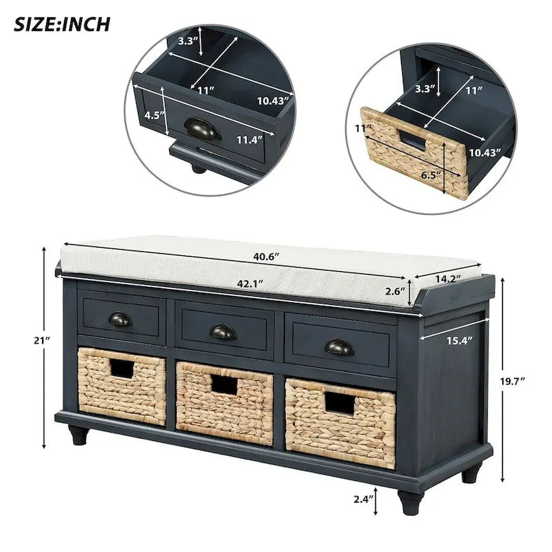 Banc de rangement capitonné polyvalent de 106,9 cm pour entrée, avec 3 tiroirs et 3 paniers en rotin
