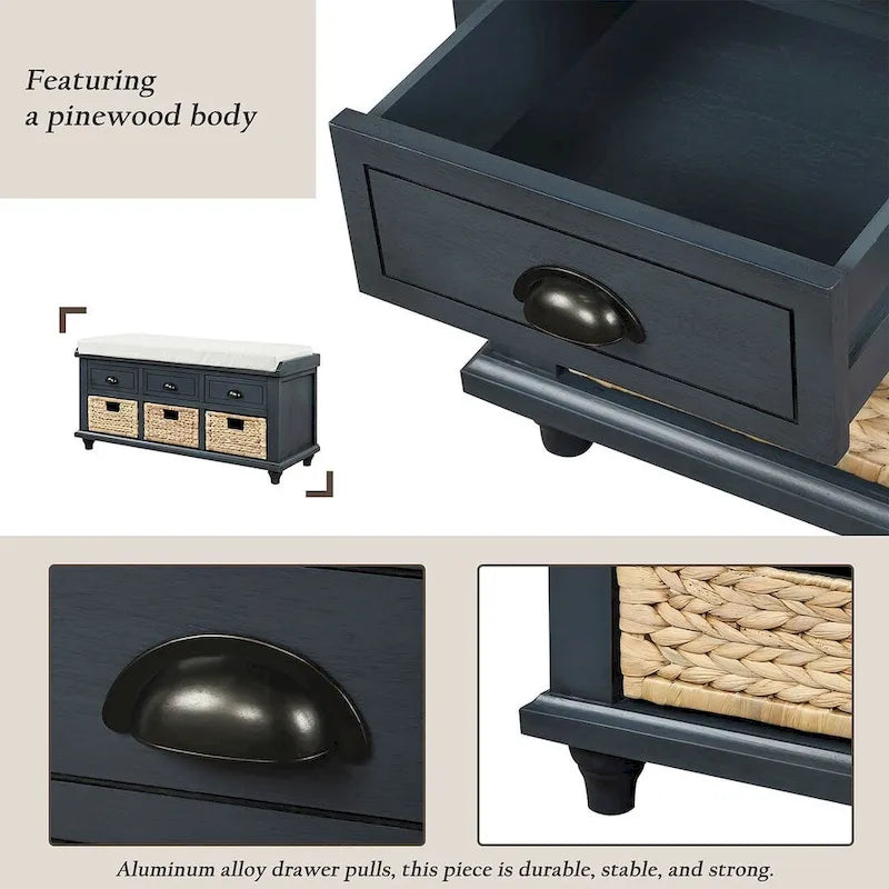 Banc de rangement capitonné polyvalent de 106,9 cm pour entrée, avec 3 tiroirs et 3 paniers en rotin