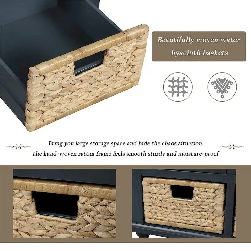 Banc de rangement capitonné polyvalent de 106,9 cm pour entrée, avec 3 tiroirs et 3 paniers en rotin