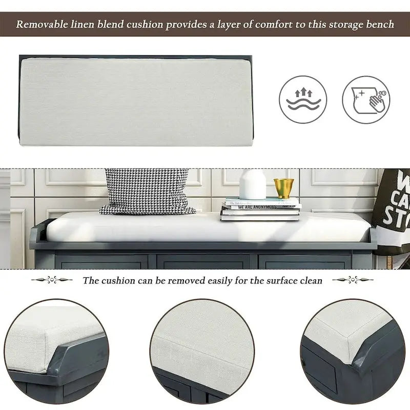 Banc de rangement capitonné polyvalent de 106,9 cm pour entrée, avec 3 tiroirs et 3 paniers en rotin
