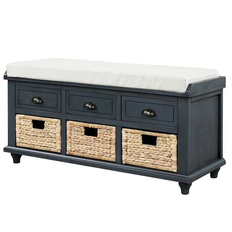 Banc de rangement capitonné polyvalent de 106,9 cm pour entrée, avec 3 tiroirs et 3 paniers en rotin