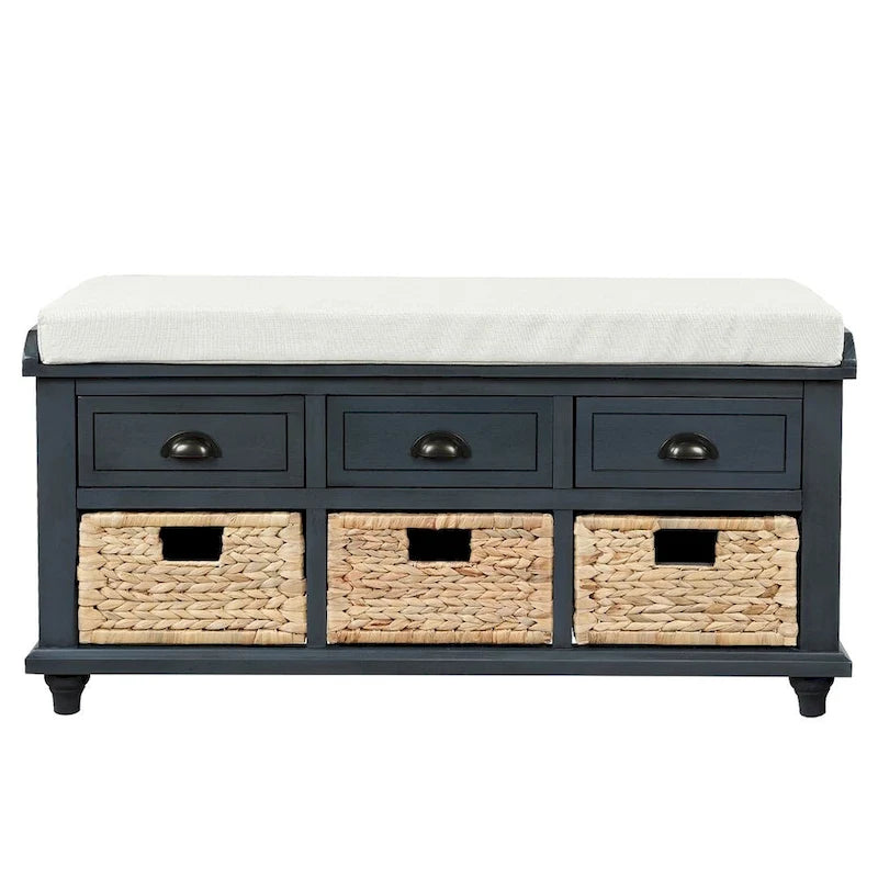 Banc de rangement capitonné polyvalent de 106,9 cm pour entrée, avec 3 tiroirs et 3 paniers en rotin