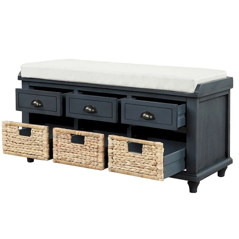 Banc de rangement capitonné polyvalent de 106,9 cm pour entrée, avec 3 tiroirs et 3 paniers en rotin