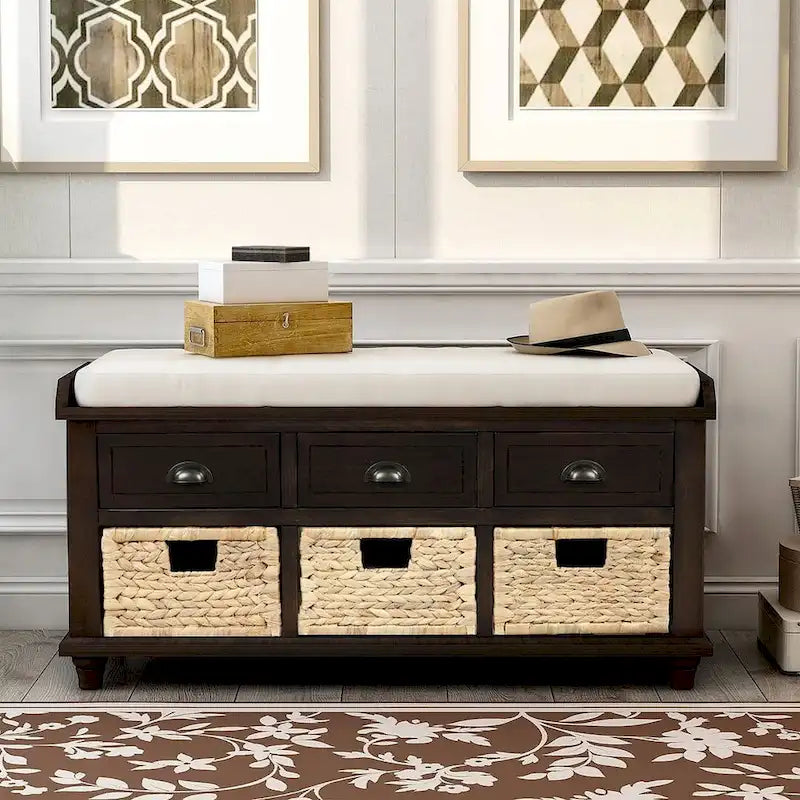 Banc de rangement capitonné polyvalent de 106,9 cm pour entrée, avec 3 tiroirs et 3 paniers en rotin