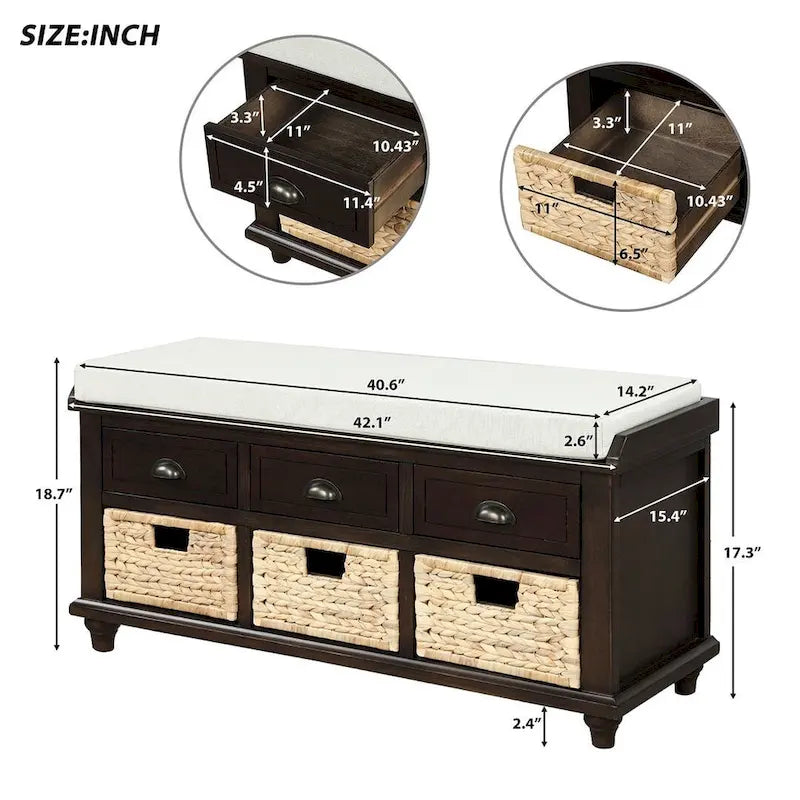 Banc de rangement capitonné polyvalent de 106,9 cm pour entrée, avec 3 tiroirs et 3 paniers en rotin