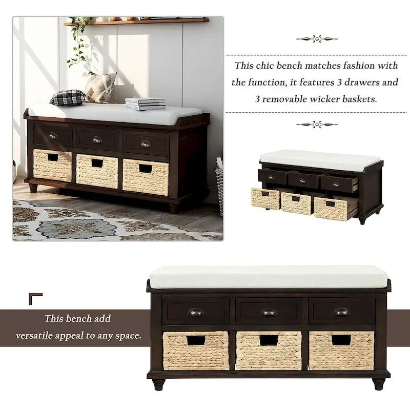 Banc de rangement capitonné polyvalent de 106,9 cm pour entrée, avec 3 tiroirs et 3 paniers en rotin