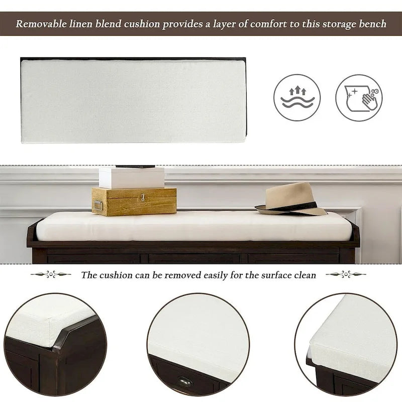 Banc de rangement capitonné polyvalent de 106,9 cm pour entrée, avec 3 tiroirs et 3 paniers en rotin