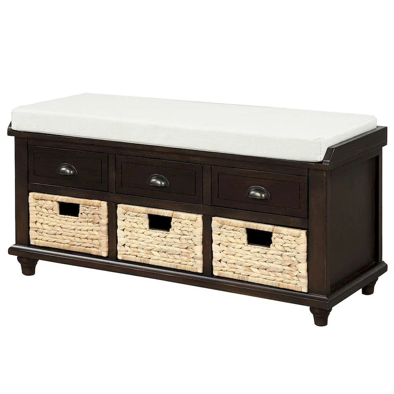 Banc de rangement capitonné polyvalent de 106,9 cm pour entrée, avec 3 tiroirs et 3 paniers en rotin