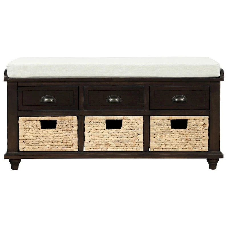 Banc de rangement capitonné polyvalent de 106,9 cm pour entrée, avec 3 tiroirs et 3 paniers en rotin