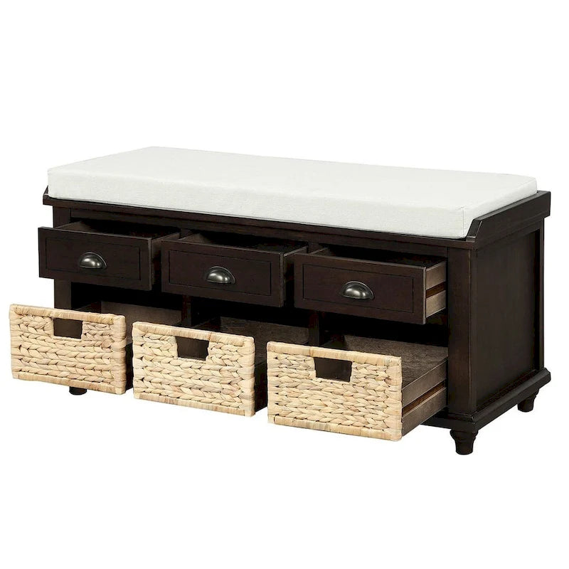 Banc de rangement capitonné polyvalent de 106,9 cm pour entrée, avec 3 tiroirs et 3 paniers en rotin