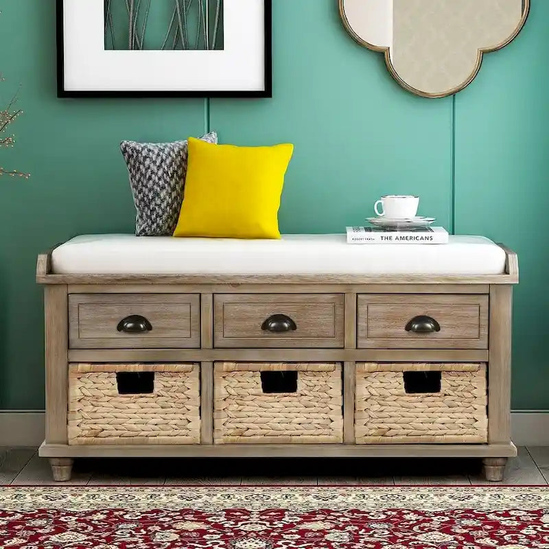 Banc de rangement capitonné polyvalent de 106,9 cm pour entrée, avec 3 tiroirs et 3 paniers en rotin