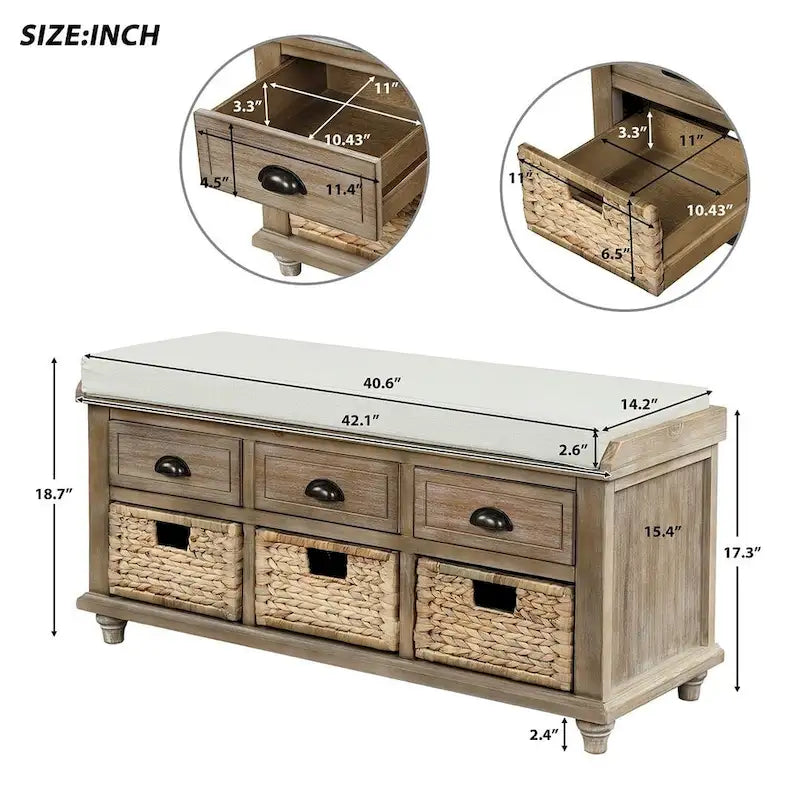 Banc de rangement capitonné polyvalent de 106,9 cm pour entrée, avec 3 tiroirs et 3 paniers en rotin