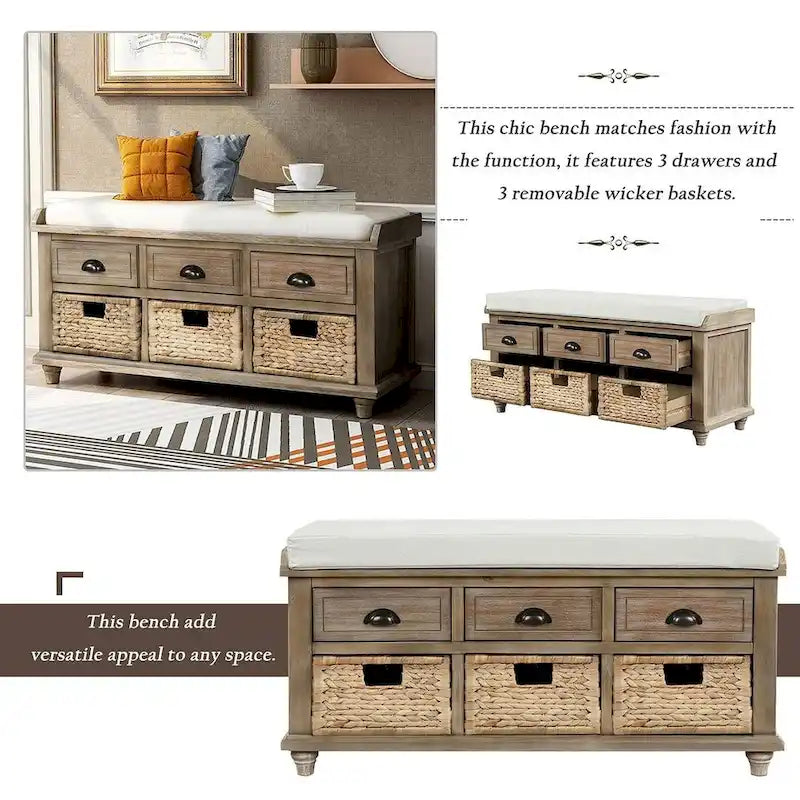 Banc de rangement capitonné polyvalent de 106,9 cm pour entrée, avec 3 tiroirs et 3 paniers en rotin