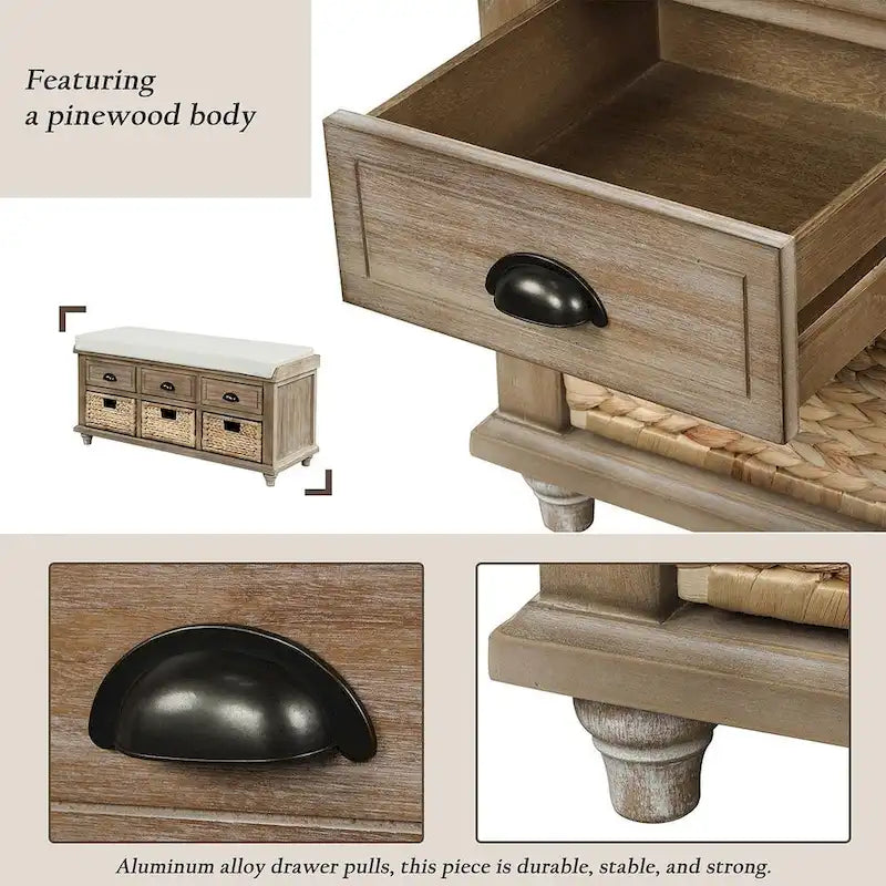 Banc de rangement capitonné polyvalent de 106,9 cm pour entrée, avec 3 tiroirs et 3 paniers en rotin