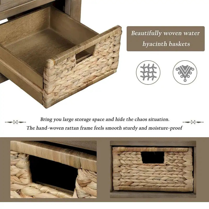 Banc de rangement capitonné polyvalent de 106,9 cm pour entrée, avec 3 tiroirs et 3 paniers en rotin