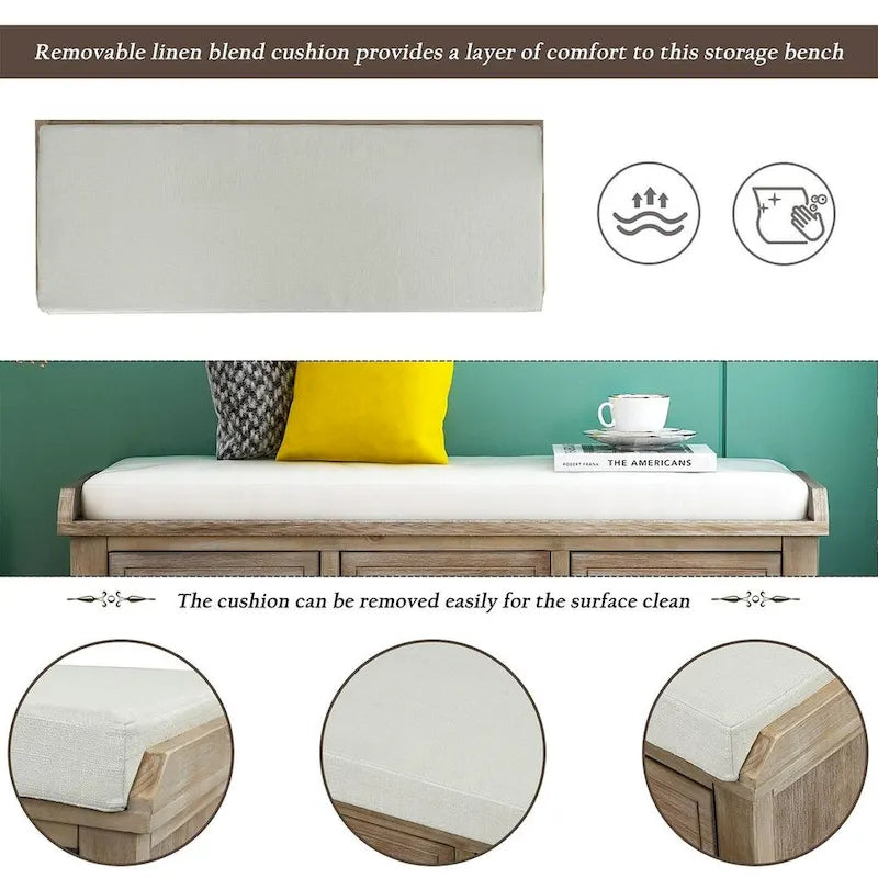 Banc de rangement capitonné polyvalent de 106,9 cm pour entrée, avec 3 tiroirs et 3 paniers en rotin