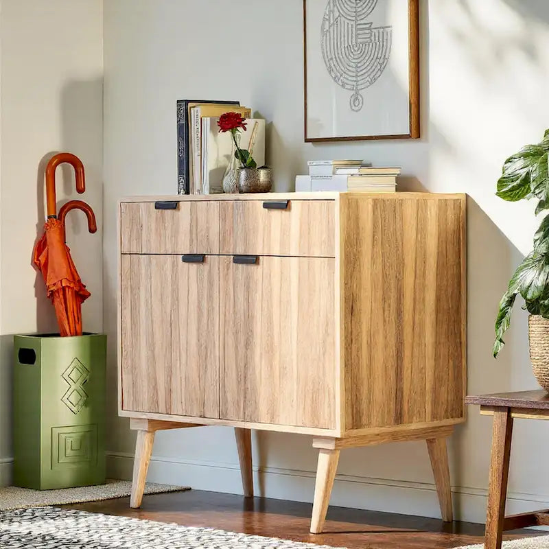 Meuble en bois de manguier fait main, style Mid-Century Modern, 2 tiroirs et 2 portes