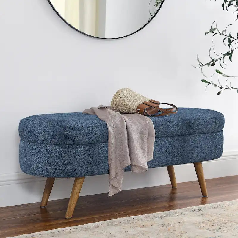 Banc de rangement ovale en tissu rembourré avec pieds en bois d'hévéa pour chambre, entrée, salon (43.5x16x16)