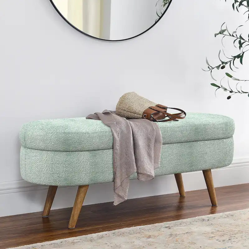Banc de rangement ovale en tissu rembourré avec pieds en bois d'hévéa pour chambre, entrée, salon (43.5x16x16)