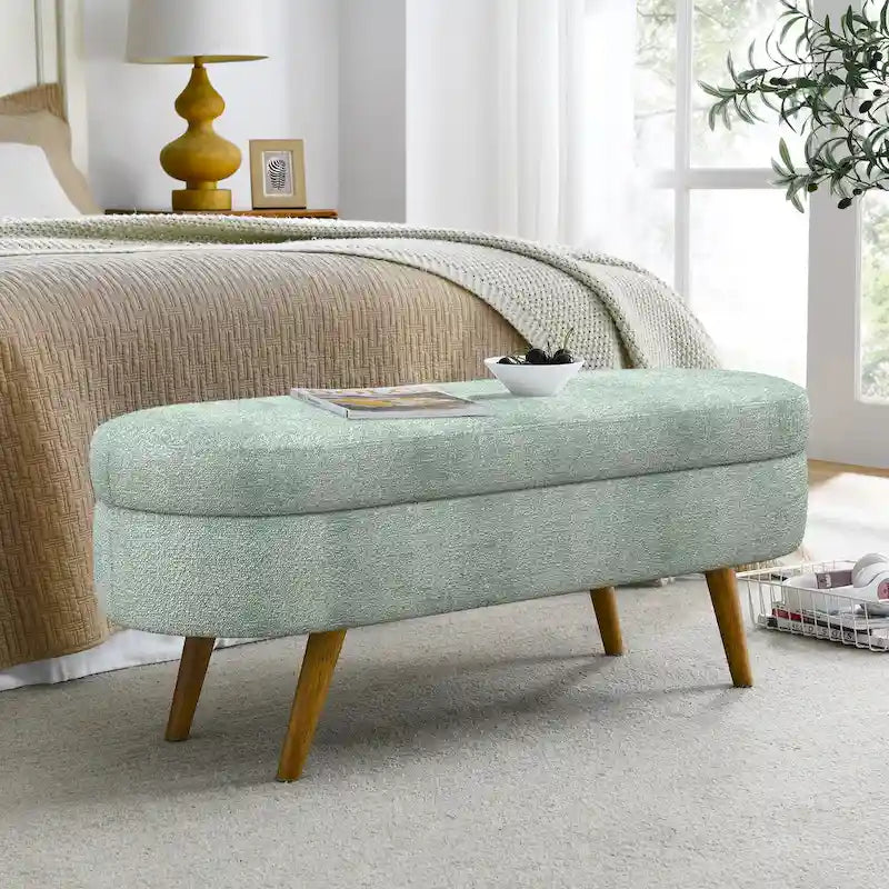 Banc de rangement ovale en tissu rembourré avec pieds en bois d'hévéa pour chambre, entrée, salon (43.5x16x16)