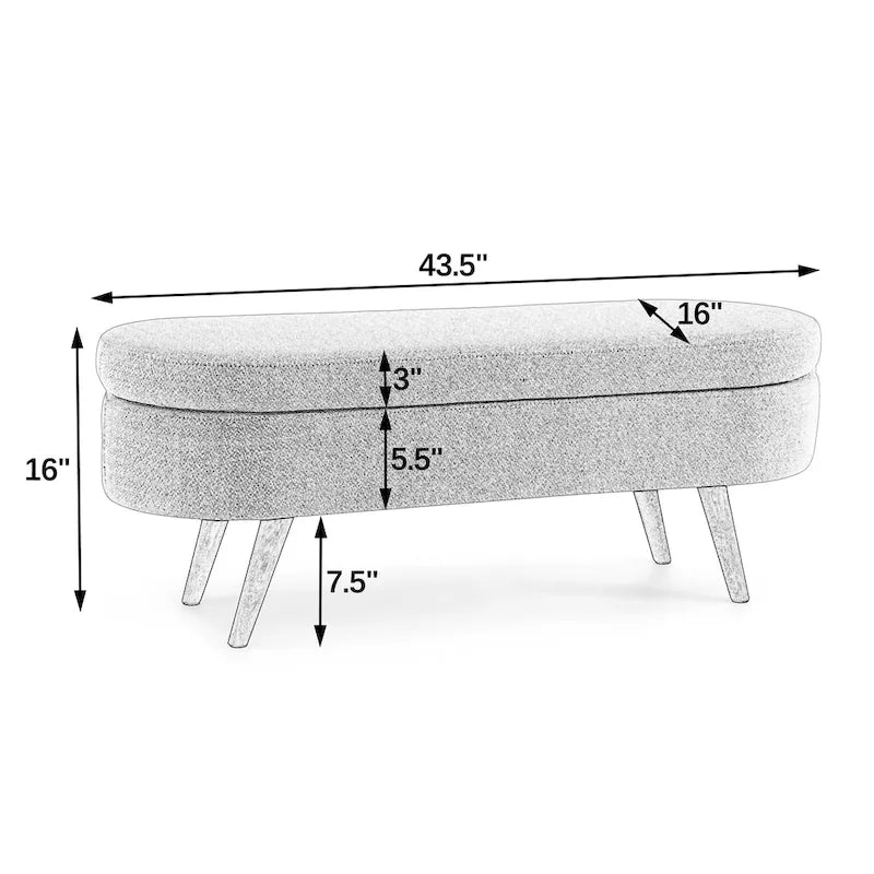 Banc de rangement ovale en tissu rembourré avec pieds en bois d'hévéa pour chambre, entrée, salon (43.5x16x16)