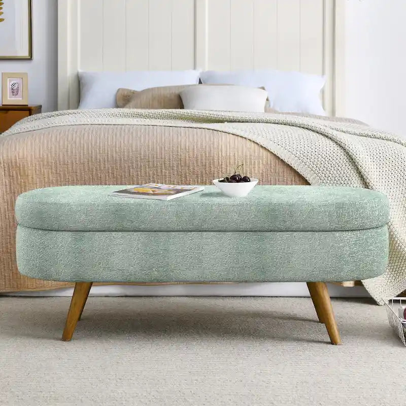 Banc de rangement ovale en tissu rembourré avec pieds en bois d'hévéa pour chambre, entrée, salon (43.5x16x16)
