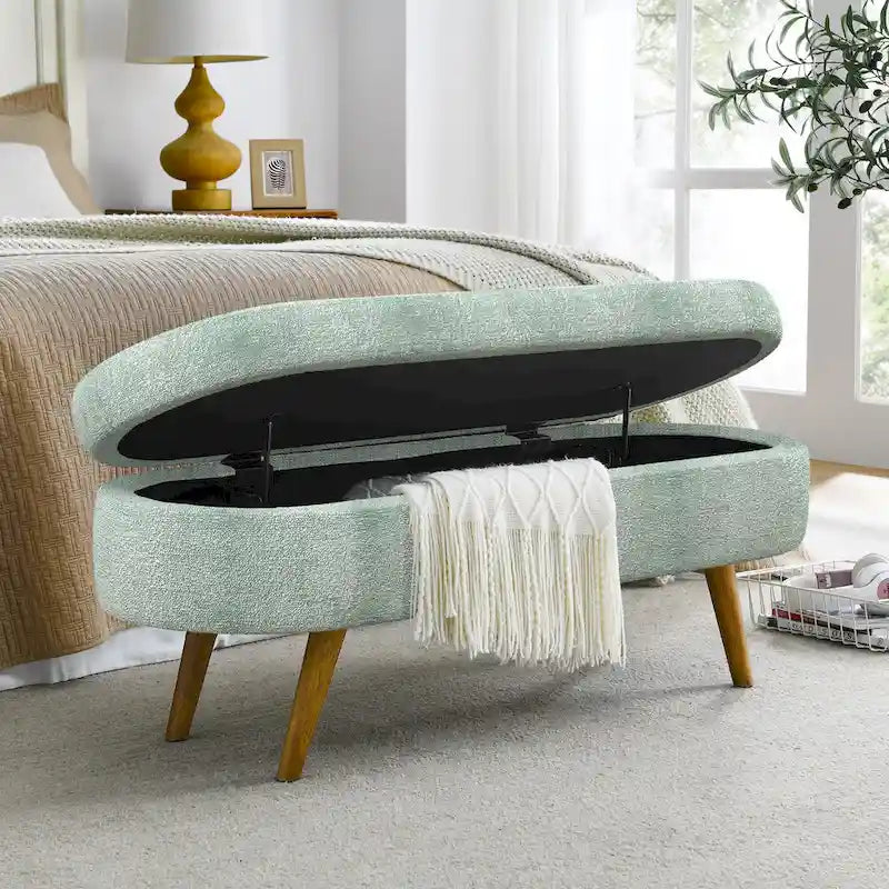 Banc de rangement ovale en tissu rembourré avec pieds en bois d'hévéa pour chambre, entrée, salon (43.5x16x16)