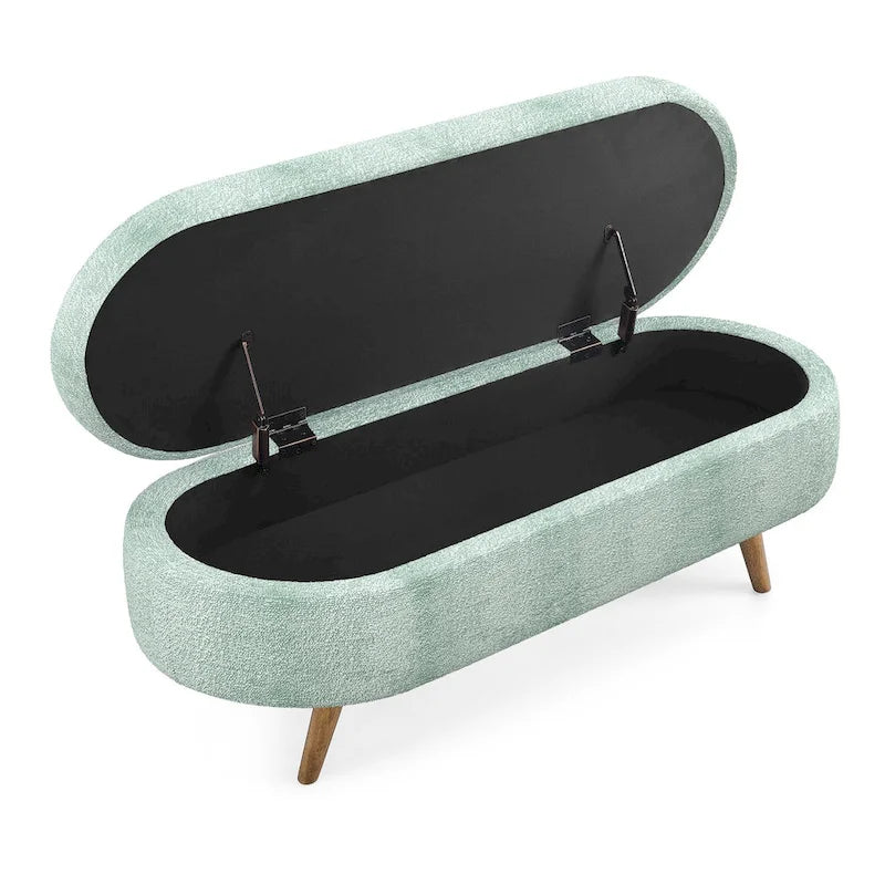 Banc de rangement ovale en tissu rembourré avec pieds en bois d'hévéa pour chambre, entrée, salon (43.5x16x16)