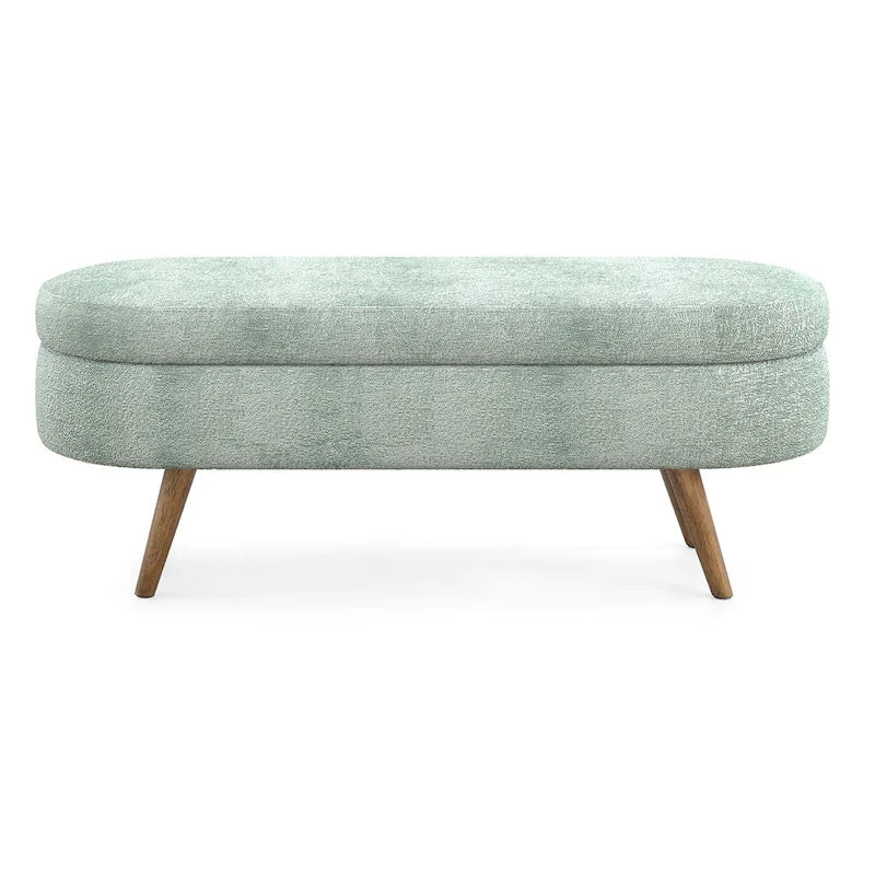 Banc de rangement ovale en tissu rembourré avec pieds en bois d'hévéa pour chambre, entrée, salon (43.5x16x16)