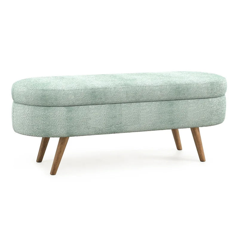 Banc de rangement ovale en tissu rembourré avec pieds en bois d'hévéa pour chambre, entrée, salon (43.5x16x16)