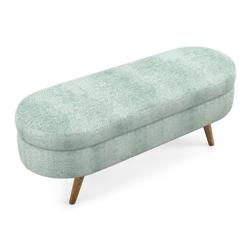Banc de rangement ovale en tissu rembourré avec pieds en bois d'hévéa pour chambre, entrée, salon (43.5x16x16)