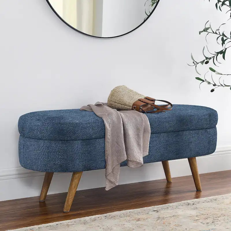Banc de rangement ovale en tissu rembourré avec pieds en bois d'hévéa pour chambre, entrée, salon (43.5x16x16)