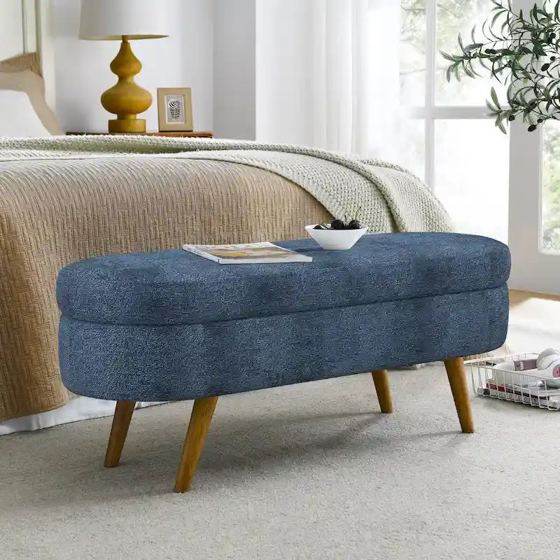 Banc de rangement ovale en tissu rembourré avec pieds en bois d'hévéa pour chambre, entrée, salon (43.5x16x16)
