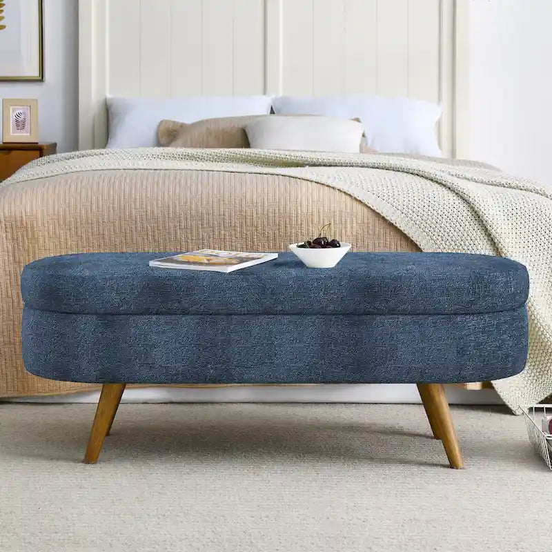 Banc de rangement ovale en tissu rembourré avec pieds en bois d'hévéa pour chambre, entrée, salon (43.5x16x16)