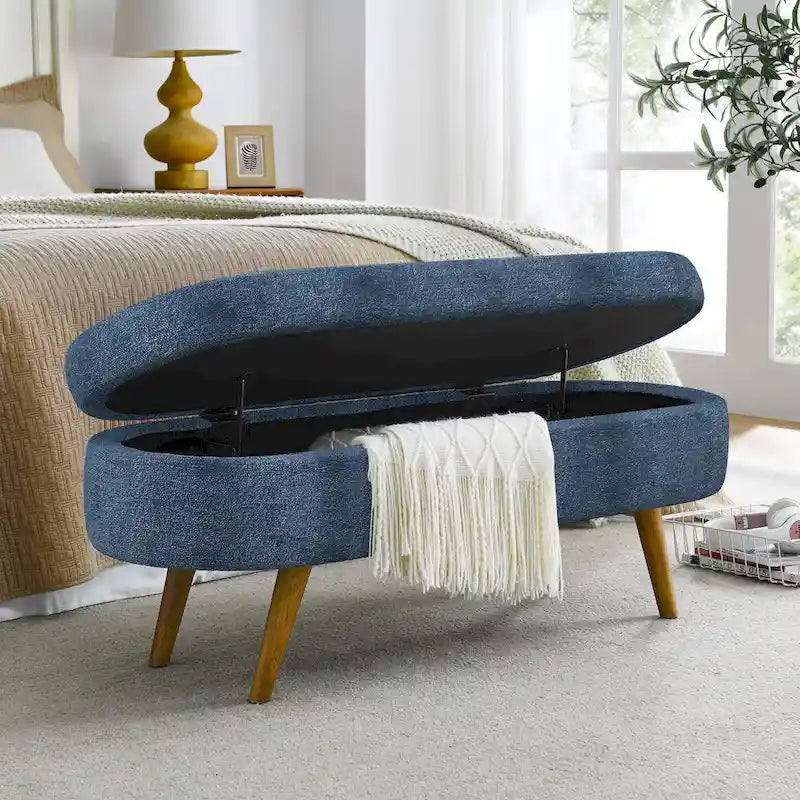 Banc de rangement ovale en tissu rembourré avec pieds en bois d'hévéa pour chambre, entrée, salon (43.5x16x16)