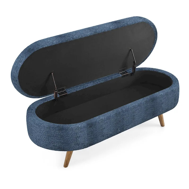 Banc de rangement ovale en tissu rembourré avec pieds en bois d'hévéa pour chambre, entrée, salon (43.5x16x16)